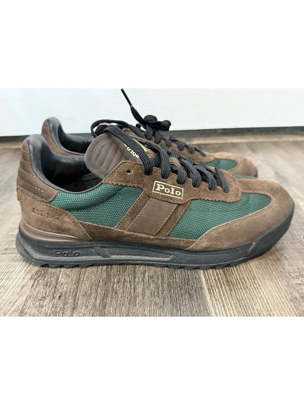 Polo Ralph Lauren Varick Suede-Paneled Sneaker Chocolate Brown Forrest Green 7.5